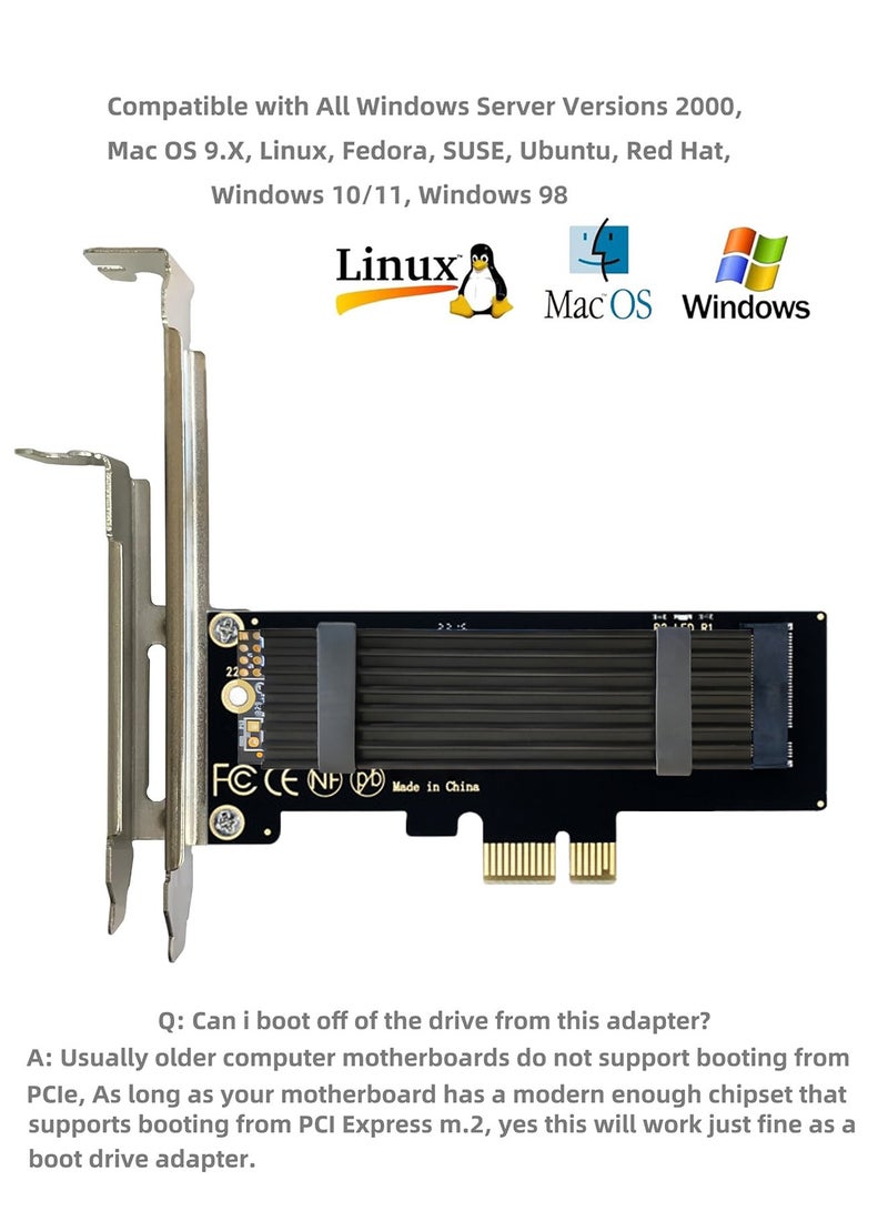 JEYI M.2 PCIe NVMe X1 Adapter with Aluminum Heat Sink, Support PCIe 3.0 4.0 X1 X4 X8 X16 Slot - Image 2