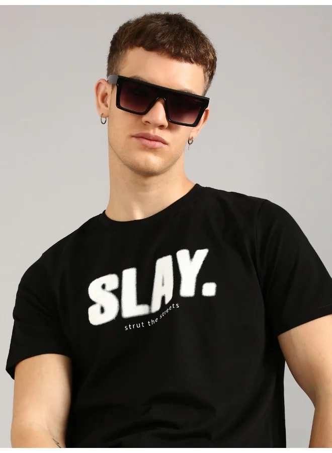 جوفن Black Printed Round Neck T-Shirt for Men