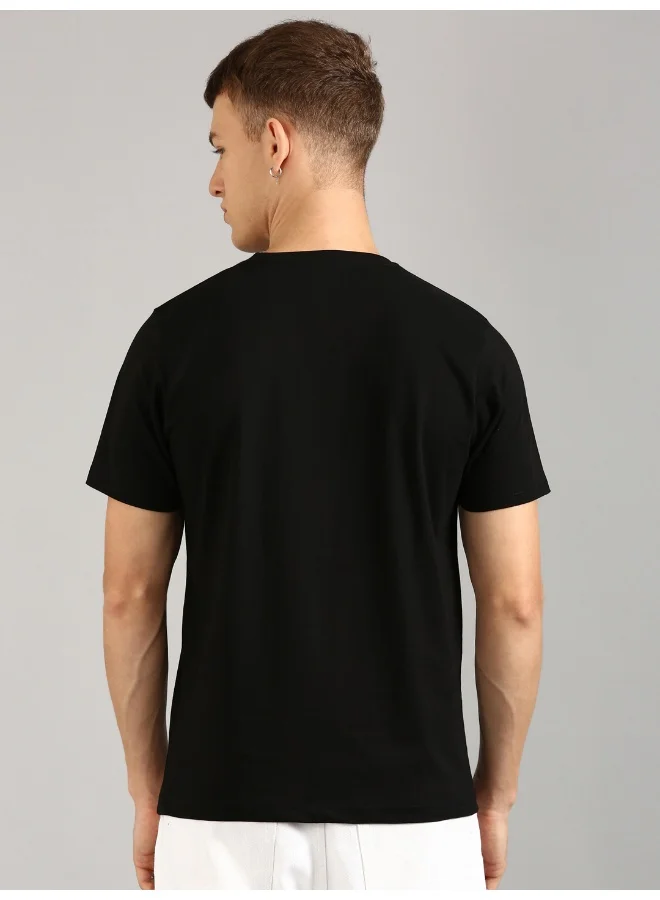 جوفن Black Printed Round Neck T-Shirt for Men