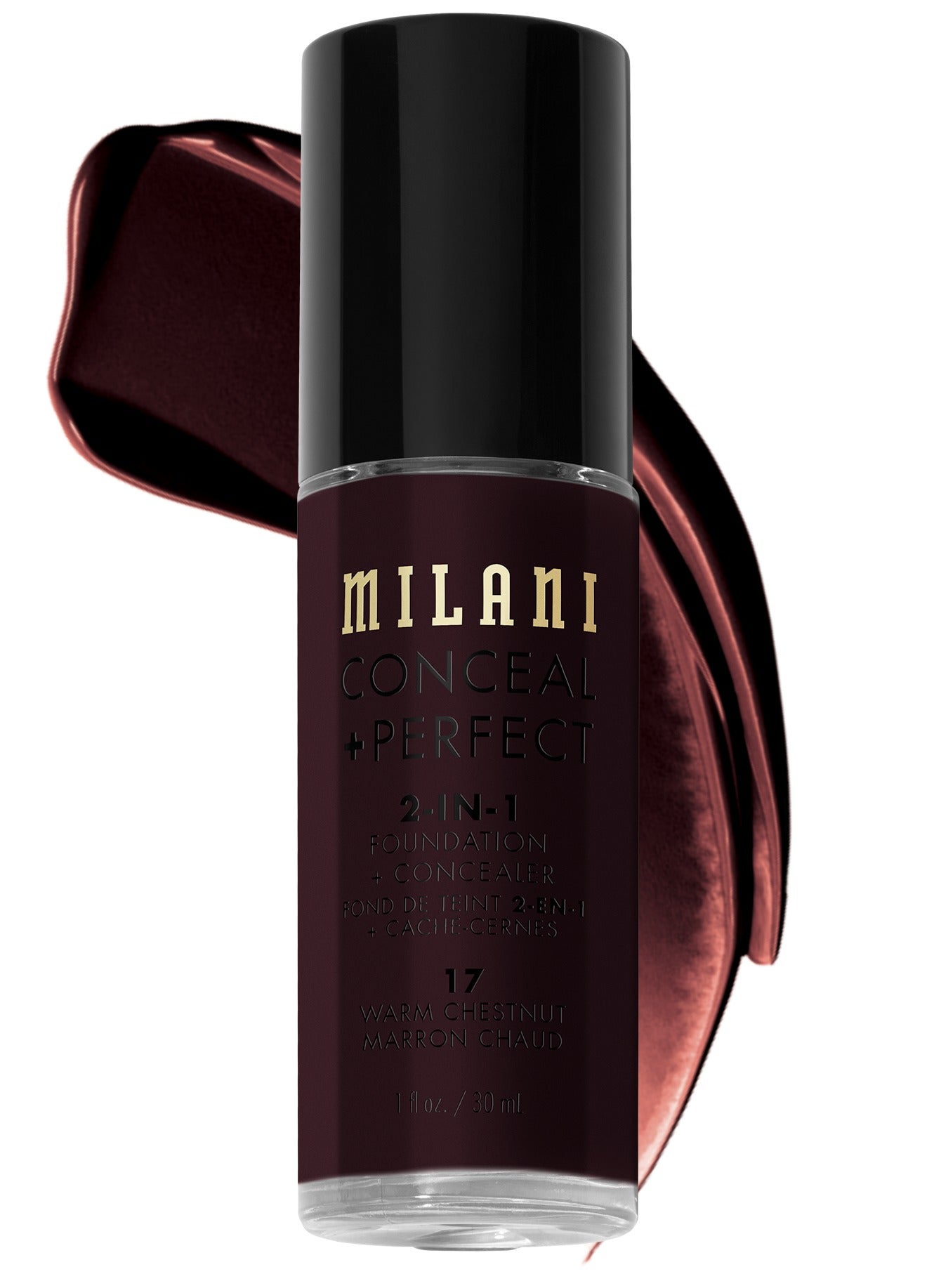 Milani Cosmetics Conceal + Perfect 2-In-1 Foundation + Concealer 17 Warm Chestnut 30ml – Full Coverage, Lightweight, Long-Lasting, Water-Resistant, Oil-Free, Vegan & Cruelty-Free
