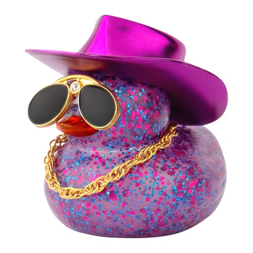 wonuu Car Rubber Duck Dashboard Decorations Colorful Laser Cowboy Hat Ducky for Car Ornament Accessories Ducks with Hat Necklace Diamond Glasses Blink Dark Purple - Image 1