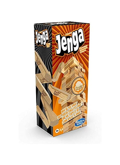 Classic Jenga Game with Genuine Hardwood Blocks, Stacking Tower Game for 1 or More Players, A Jenga Brand Game for Kids Ages 6 and Up, Light Brown, 26 x 7,5 x 7,5 cm, A2120EU4