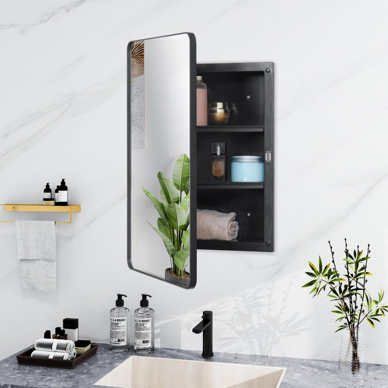 Fundin Plastic Black Medicine Cabinet, Beveled Edge Mirror Door with Round Corner Metal Frame, Recessed and Surface Mount Bathroom Medicine Cabinet, 16 x 24 inch Mirror Size - Image 1
