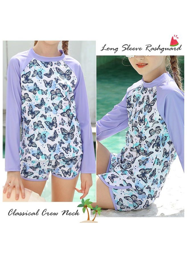 Vogseek Swimsuit for Girls Size 7-8 Butterflies Purple Bikini Long Sleeve 2 Pcs UV Sun Protection Swimwear with Swim Shorts Child Girls 7-8 Summer Holiday - Image 2