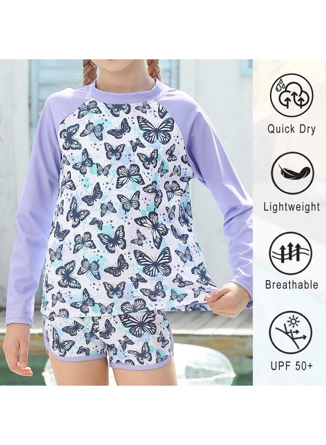 Vogseek Swimsuit for Girls Size 7-8 Butterflies Purple Bikini Long Sleeve 2 Pcs UV Sun Protection Swimwear with Swim Shorts Child Girls 7-8 Summer Holiday - Image 3