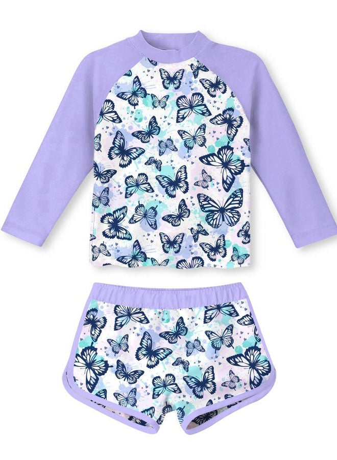 Vogseek Swimsuit for Girls Size 7-8 Butterflies Purple Bikini Long Sleeve 2 Pcs UV Sun Protection Swimwear with Swim Shorts Child Girls 7-8 Summer Holiday - Image 1