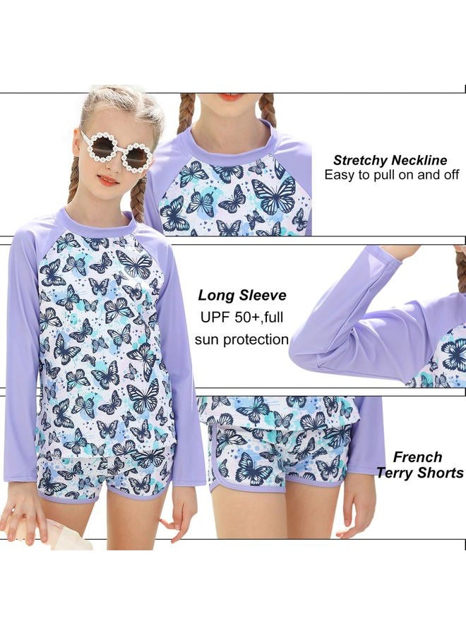 Vogseek Swimsuit for Girls Size 7-8 Butterflies Purple Bikini Long Sleeve 2 Pcs UV Sun Protection Swimwear with Swim Shorts Child Girls 7-8 Summer Holiday - Image 4