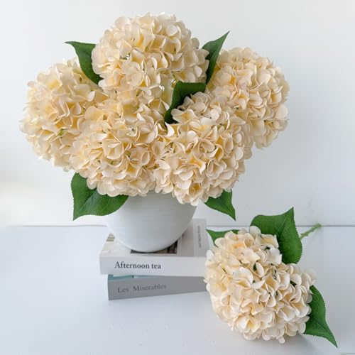 ZYTUYO 5 Pcs Champagne Yellow Silk Hydrangeas Artificial Flower Boho Dried Touch Hydrangeas 20 Faux for Fall Home Decor Kitchen Living Room Porch Wreath Xmas Wedding Flower Arrangement - Image 1