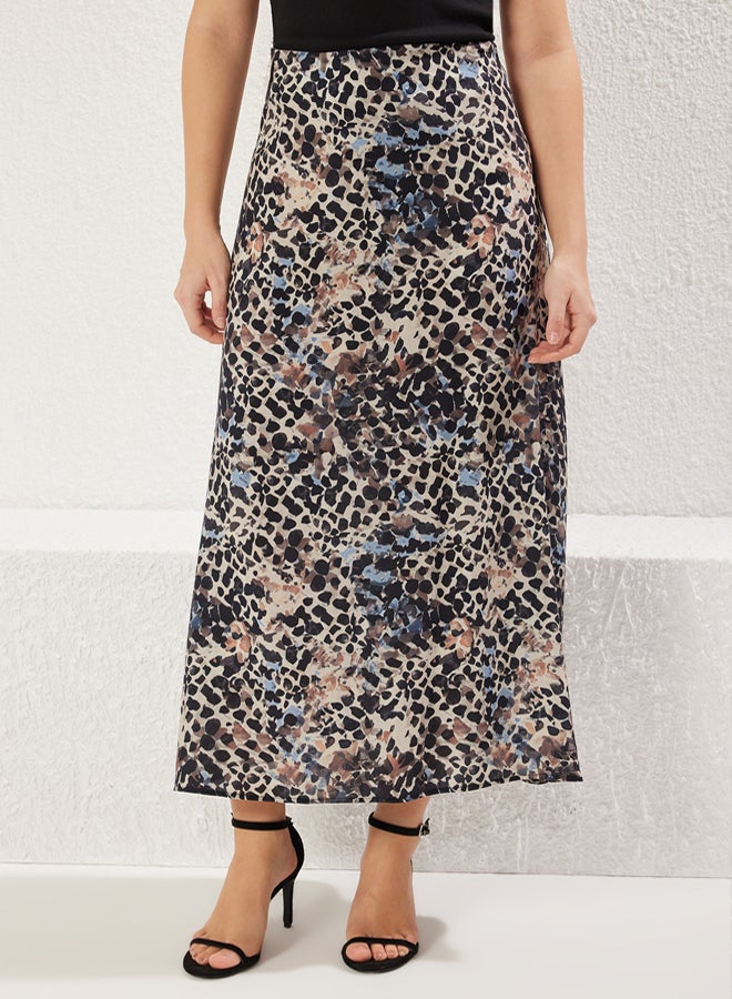 trendyol Mink Abstract Animal Pattern Midi Long Length Viscose A-Form Woven Skirt - Image 3