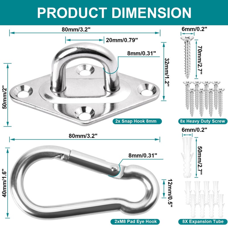 CZXNBI Heavy Duty Hammock Hanging kit - 1000 lb Capacity Swing Hooks, Ceiling Hooks for Wall/Ceiling Mount, Indoor & Outdoor - Stainless Steel (Medium) - Image 3