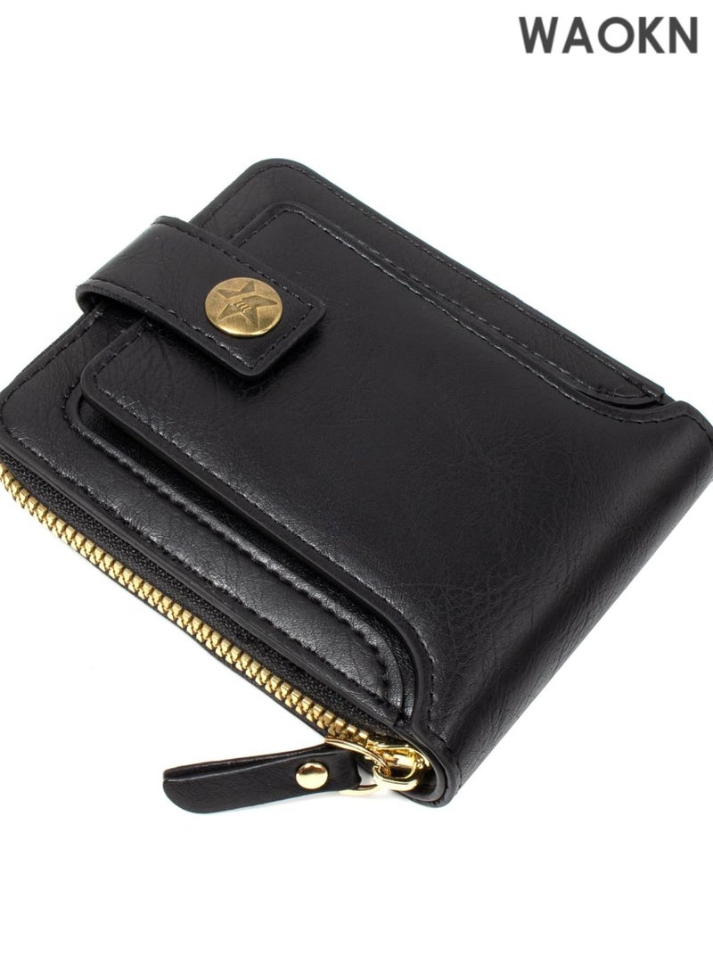 WAOKN Small Wallets for Men Zipper Around Pocket Bifold Wallet Leather Short Billfold Card holder Coin Purse (Black) - Image 1
