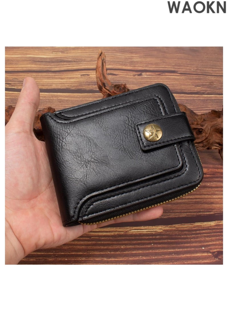 WAOKN Small Wallets for Men Zipper Around Pocket Bifold Wallet Leather Short Billfold Card holder Coin Purse (Black) - Image 5