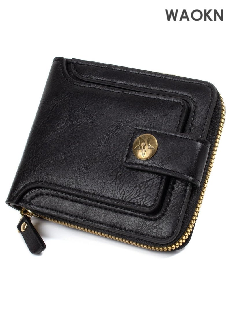 WAOKN Small Wallets for Men Zipper Around Pocket Bifold Wallet Leather Short Billfold Card holder Coin Purse (Black) - Image 2