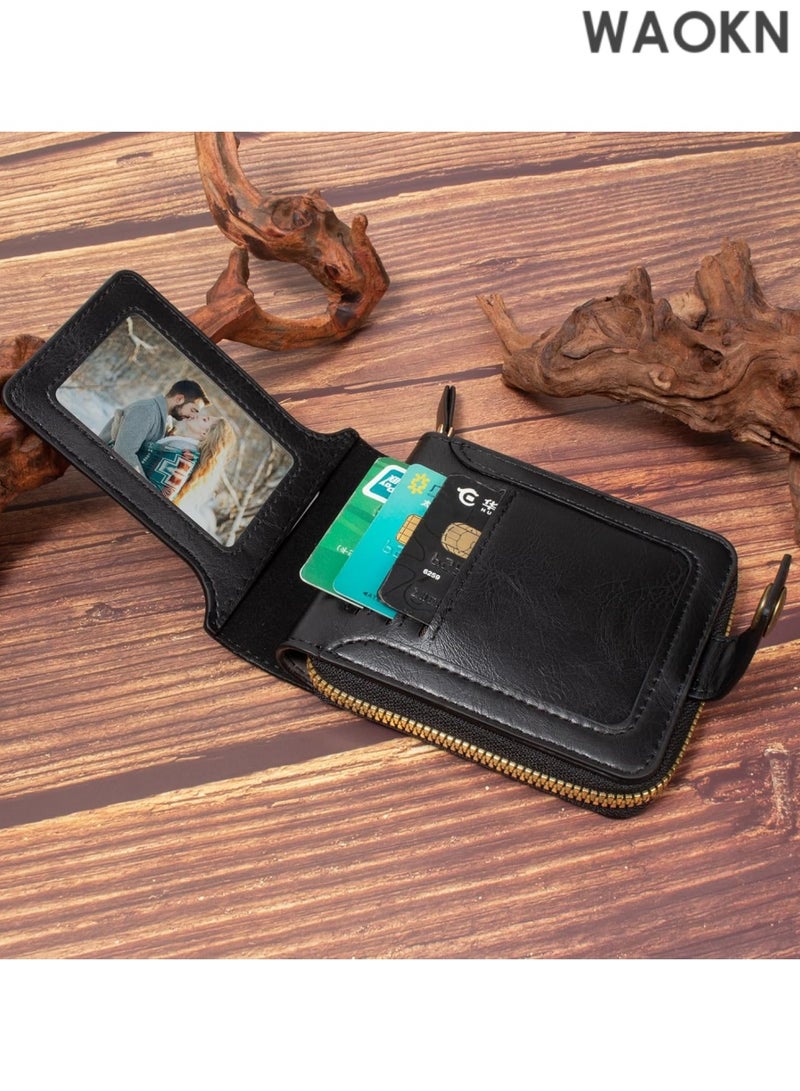 WAOKN Small Wallets for Men Zipper Around Pocket Bifold Wallet Leather Short Billfold Card holder Coin Purse (Black) - Image 4
