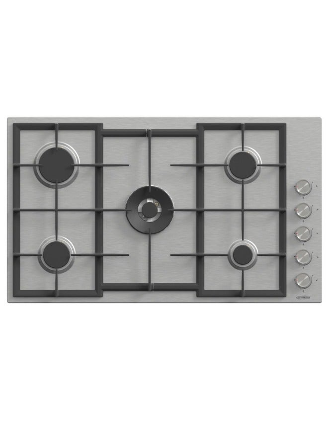 جينيرال جولد موقد غاز General Gold بخمس شعلات، مدمج بمقاس 90 سم مع تحكم جانبي، هيكل من الستانلس ستيل، دعم أواني من الحديد الزهر، شعلات ساباف، جهاز أمان إطفاء اللهب (FFD)، موقد مدمج للطهي على أسطح المطابخ (BL). - Image 1