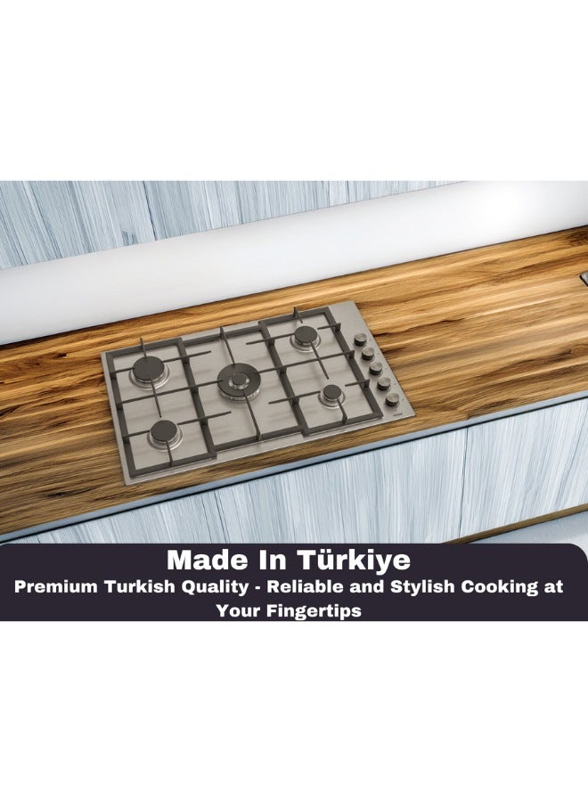 جينيرال جولد موقد غاز General Gold بخمس شعلات، مدمج بمقاس 90 سم مع تحكم جانبي، هيكل من الستانلس ستيل، دعم أواني من الحديد الزهر، شعلات ساباف، جهاز أمان إطفاء اللهب (FFD)، موقد مدمج للطهي على أسطح المطابخ (BL). - Image 2