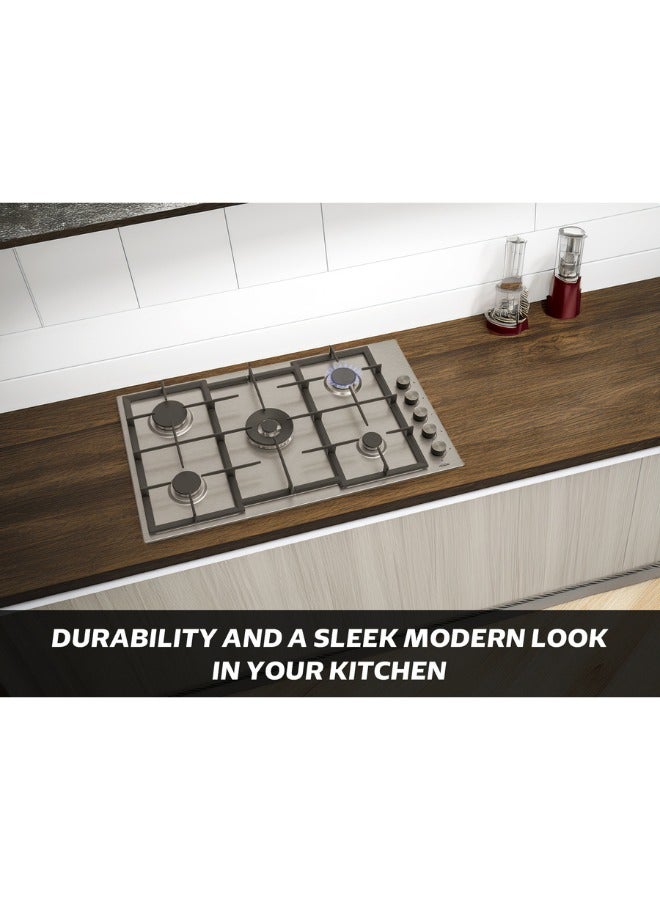 جينيرال جولد موقد غاز General Gold بخمس شعلات، مدمج بمقاس 90 سم مع تحكم جانبي، هيكل من الستانلس ستيل، دعم أواني من الحديد الزهر، شعلات ساباف، جهاز أمان إطفاء اللهب (FFD)، موقد مدمج للطهي على أسطح المطابخ (BL). - Image 3