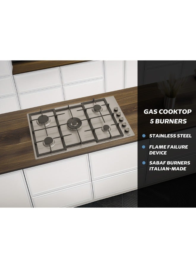 جينيرال جولد موقد غاز General Gold بخمس شعلات، مدمج بمقاس 90 سم مع تحكم جانبي، هيكل من الستانلس ستيل، دعم أواني من الحديد الزهر، شعلات ساباف، جهاز أمان إطفاء اللهب (FFD)، موقد مدمج للطهي على أسطح المطابخ (BL). - Image 5