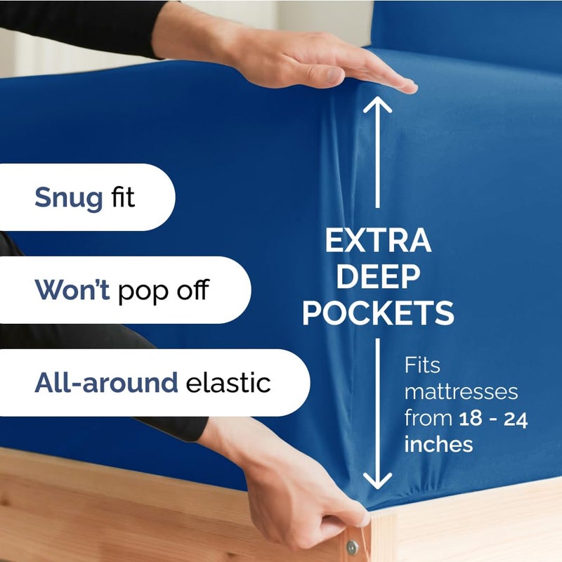 CGK Unlimited Extra Deep Cal King Fitted Sheet - Hotel Luxury Single Fitted Sheet Only - Easily Fits 18 inch to 24 inch Mattress - Soft  Wrinkle Free  Breathable & Comfy Extra Deep Pockets Royal Blue Fitted Sheet  - Image 2