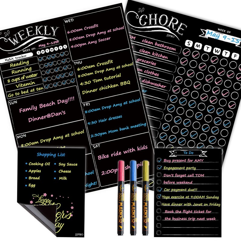 JJPRO Magnetic Chalkboard Weekly Planner - Reward Chore Chart Blackboard Combo Set with Neon Bright Liquid Chalk Markers - Bonus Grocery List and Notepad Blackboard for Refrigerator Included - Image 1