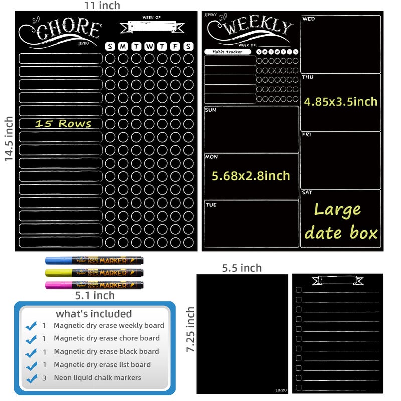 JJPRO Magnetic Chalkboard Weekly Planner - Reward Chore Chart Blackboard Combo Set with Neon Bright Liquid Chalk Markers - Bonus Grocery List and Notepad Blackboard for Refrigerator Included - Image 2