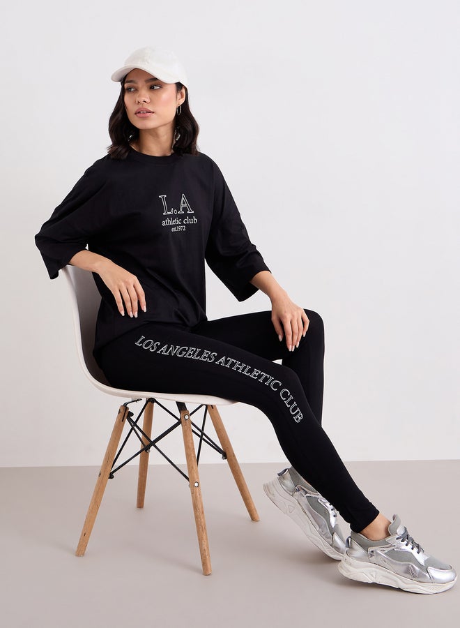 Styli Women Black Printed Oversized T-Shirt and Leggings Set - Image 5