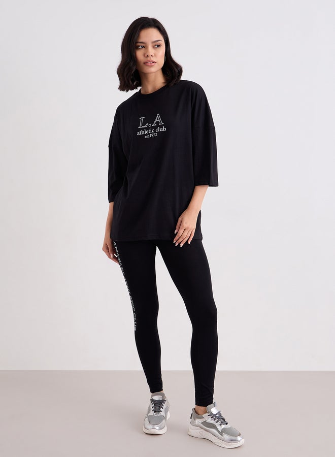 Styli Women Black Printed Oversized T-Shirt and Leggings Set - Image 2