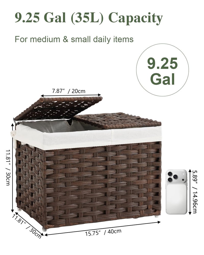 SETVSON Storage Basket with Lid Woven Wicker Baskets with 2 Separate Lid, 9.2 Gallon (35 L) Wicker Storage Bins with Handles, Foldable and 2 Removable Liner Bags for Bedroom, Laundry Room Brown - Image 2