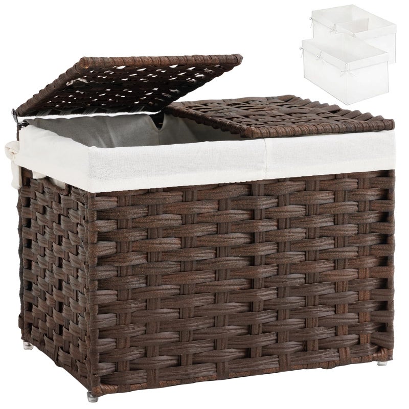 SETVSON Storage Basket with Lid Woven Wicker Baskets with 2 Separate Lid, 9.2 Gallon (35 L) Wicker Storage Bins with Handles, Foldable and 2 Removable Liner Bags for Bedroom, Laundry Room Brown - Image 1