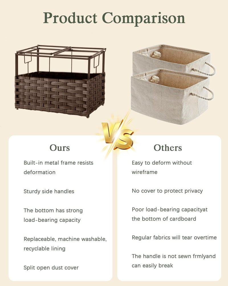 SETVSON Storage Basket with Lid Woven Wicker Baskets with 2 Separate Lid, 9.2 Gallon (35 L) Wicker Storage Bins with Handles, Foldable and 2 Removable Liner Bags for Bedroom, Laundry Room Brown - Image 5