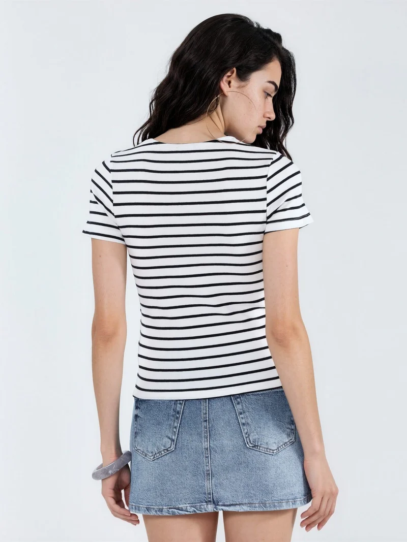 بوسيم BUSEM Striped Crew Neck Cotton T-Shirt