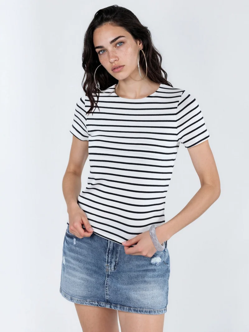 بوسيم BUSEM Striped Crew Neck Cotton T-Shirt