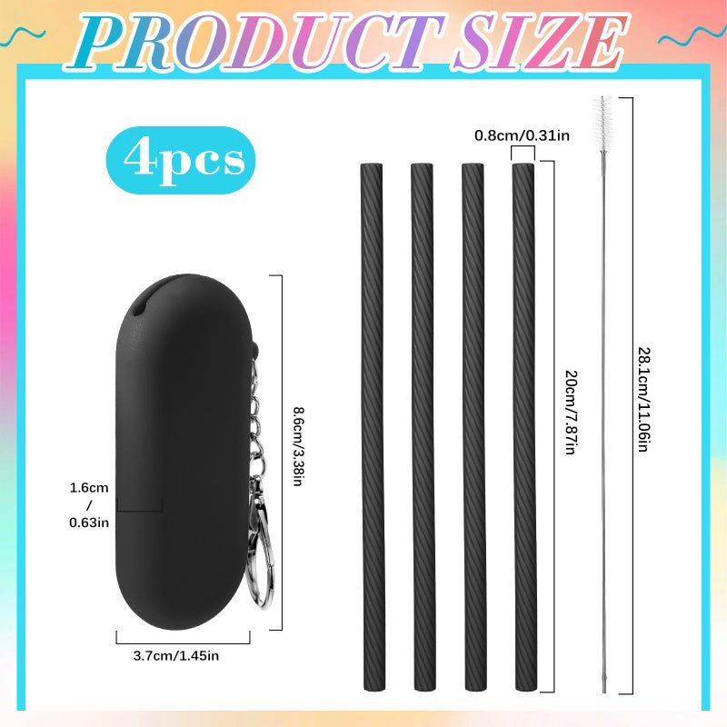 Meanplan 4 Sets Cruise Ship Essentials,4 Set Silicone Straws with Case Reusable Silicone Portable Drinking Straw Set for Party Travel Cold or Hot with 4 Carry Case, 4 Cleaning Brushes (Black) - Image 2