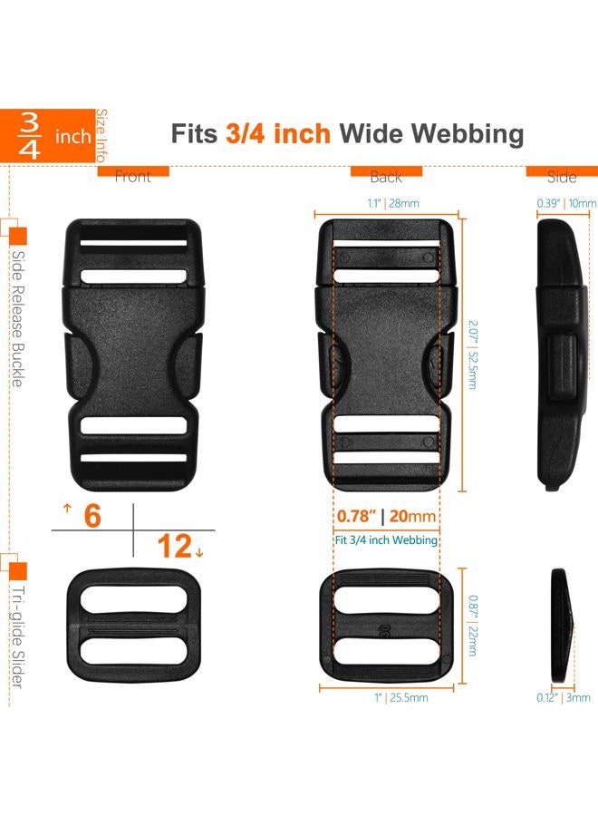 HISUNTEC ﻿Buckle for 3/4" Strap: 6 set Side Release Buckles + 12 pcs Tri-Glide Sliders Fit 0.75 inch (20mm) Wide Nylon Webbing Straps, Plastic Clips Quick Fasteners Replacement Dual Adjustable No Sewing, Black - Image 2