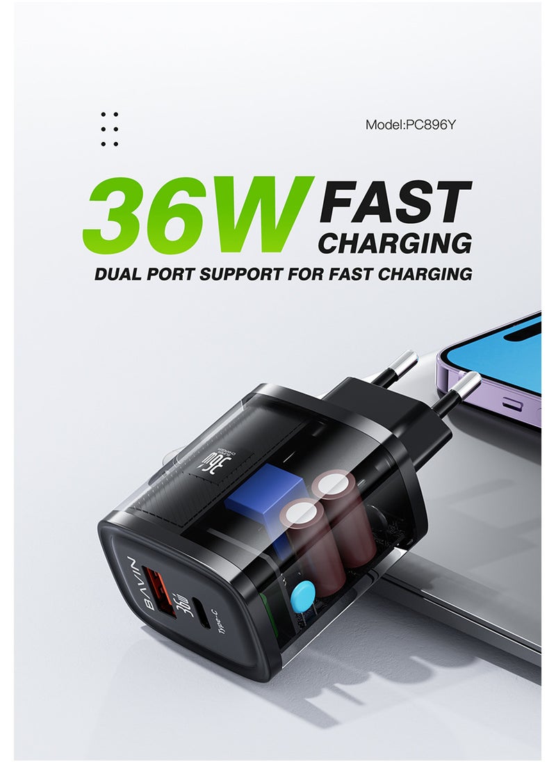 بافين شاحن حائط USB C بقدرة 36 ​​وات GaN PD/QC PPS محول طاقة شحن فائق السرعة لهواتف iPhone 12/13/14/15/16 Serie وSamsung S20/S21/S22/S23/S24 Series Pixel 7/6 وiPad Pro/Air - أسود  - Image 1