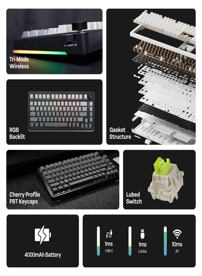 ابوماكر لوحة مفاتيح الألعاب الميكانيكية EPOMAKER EA75 RGB بنسبة 75%، لوحة مفاتيح لاسلكية كريمية بتردد 2.4 جيجاهرتز/منفذ Type-C/بلوتوث مع مقبض، أغطية مفاتيح PBT شفافة، قابلة للتبديل السريع للاعبين (تدرج أسود، مفتاح Reaper) - Image 3
