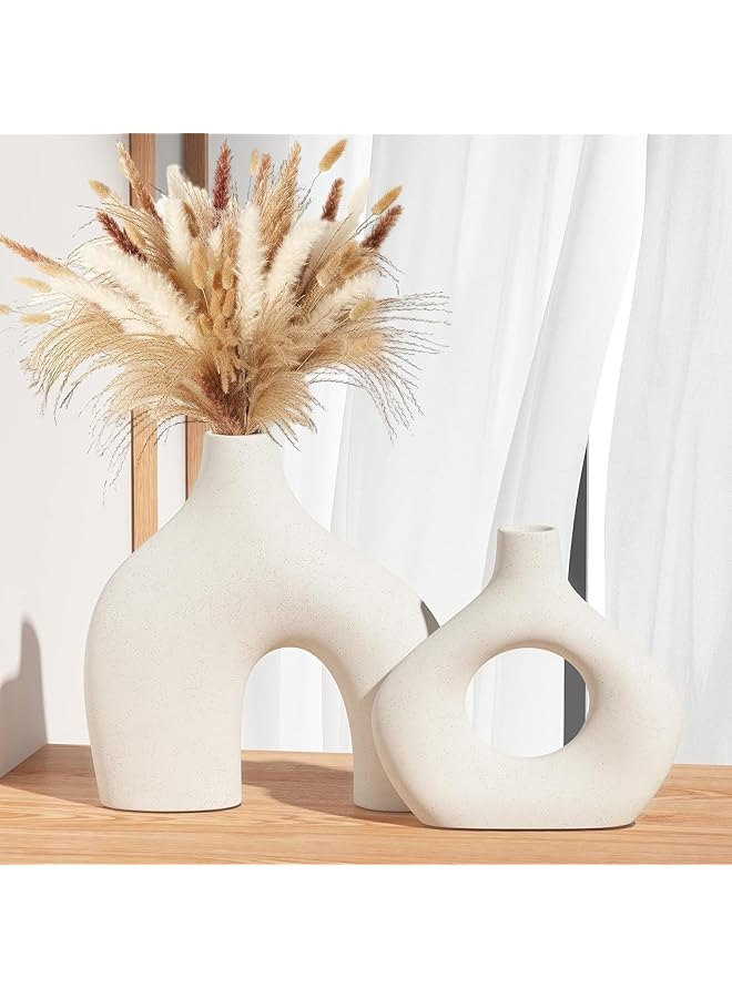 The Bros White Ceramic Vase Set of 2 for Modern Home Decor, Round Matte Donut Vases for Pampas Grass, Vases for Living Room Wedding Dinner Table Party Office Bedroom (White) - Image 1