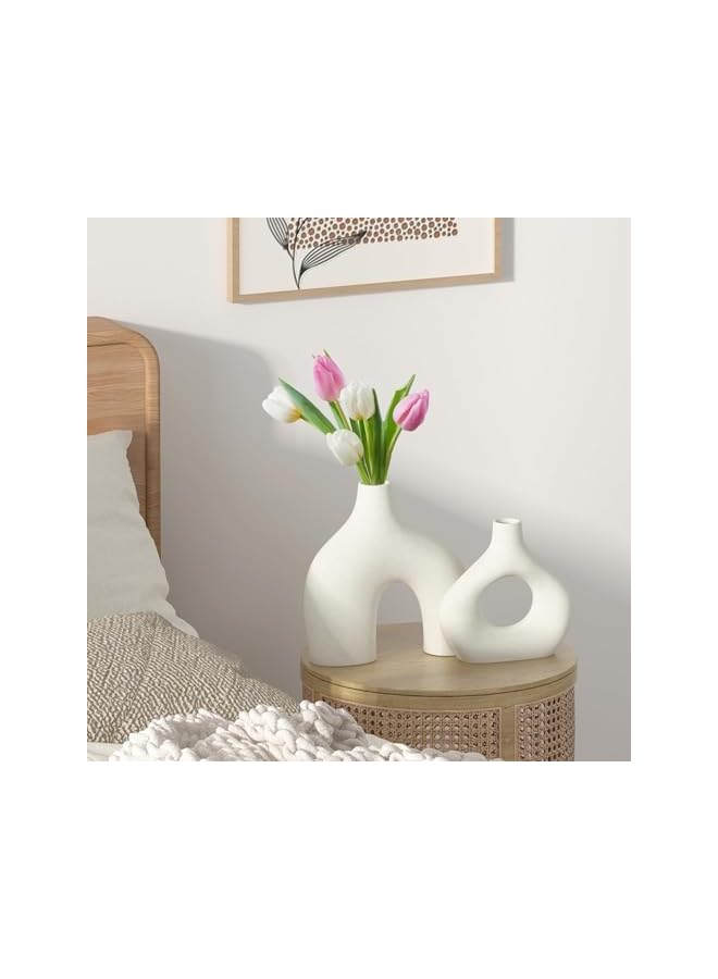 The Bros White Ceramic Vase Set of 2 for Modern Home Decor, Round Matte Donut Vases for Pampas Grass, Vases for Living Room Wedding Dinner Table Party Office Bedroom (White) - Image 4