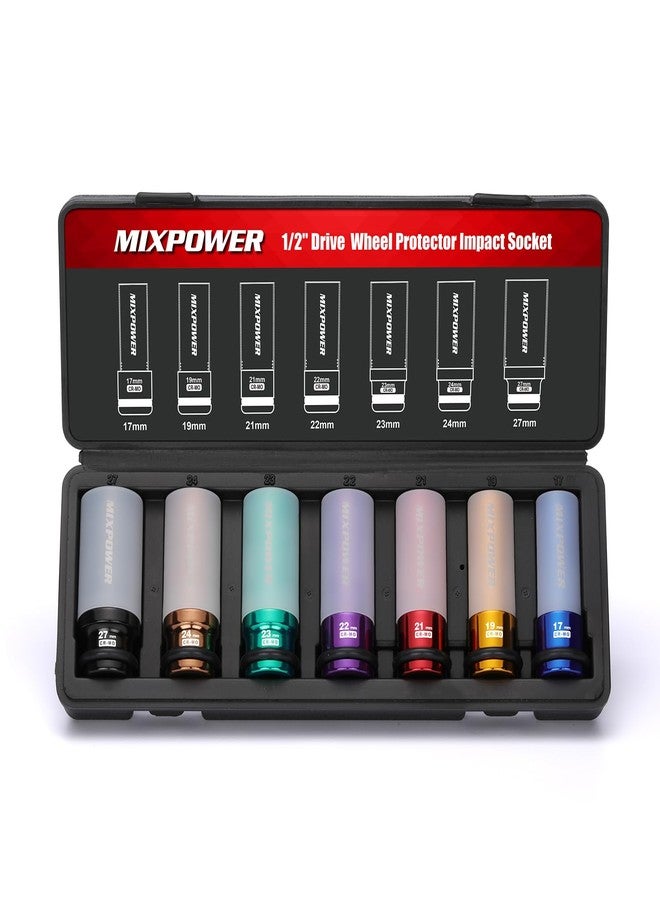 MIXPOWER 7PCS 1/2" Drive Wheel Protector Impact Socket,Thin Wall Deep Impact Socket Set, Durable Plastic Sleeve Lug Nut Socket, 6-Point, Metric, Color-Coded, 17mm, 19mm, 21mm, 22mm, 23mm, 24mm,27mm - Image 2