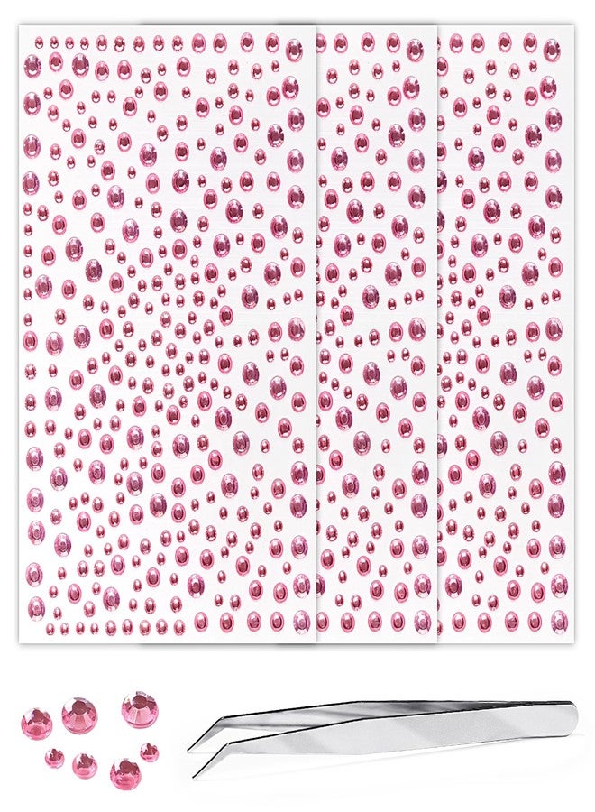 Jacnkb 3 Sheets Rhinestone Stickers Self Adhesive Gems 3-6mm Diameter Diamante Pink Crystal Decals Festival Face Jewels Bling Pearls for Face Eye Makeup Nail Body Crafts Includes Tweezers - Image 1