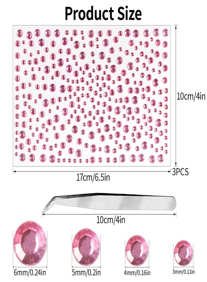 Jacnkb 3 Sheets Rhinestone Stickers Self Adhesive Gems 3-6mm Diameter Diamante Pink Crystal Decals Festival Face Jewels Bling Pearls for Face Eye Makeup Nail Body Crafts Includes Tweezers - Image 2