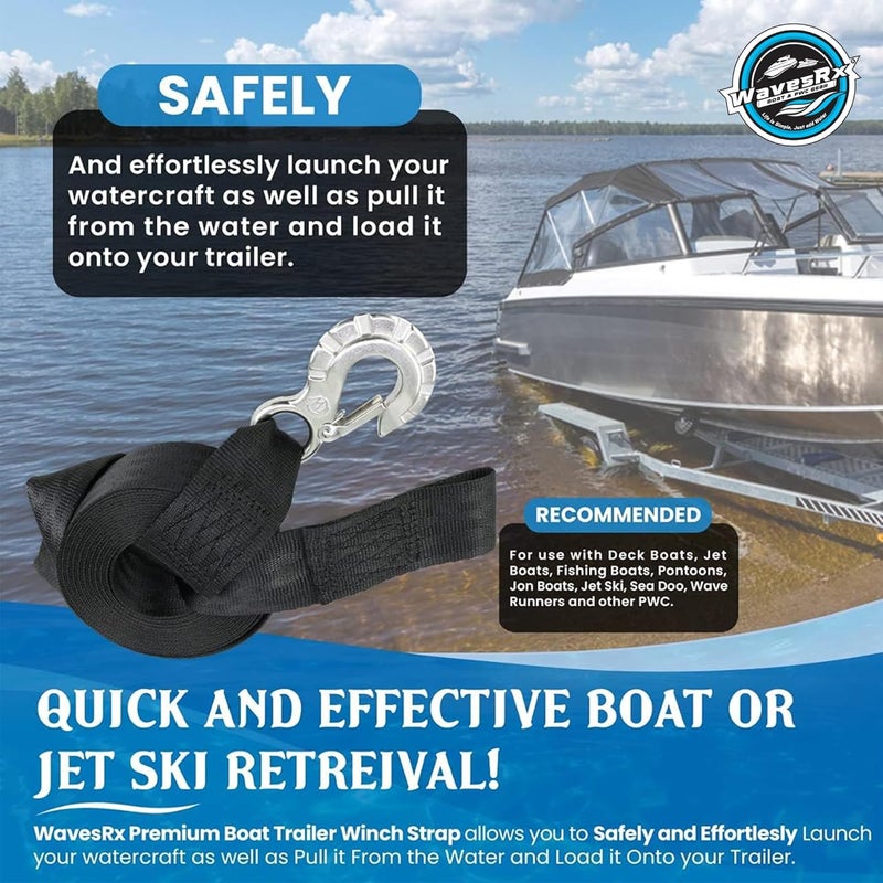 WAVESRX Boat & Jet Ski Trailer Winch Strap Replacement | Winch Hook Strap for Trailer | Marine Grade SS 316 Alloy Premium PWC and Boat Straps | Safely Launch, Retrieve, and Transport Your Watercraft - Image 2