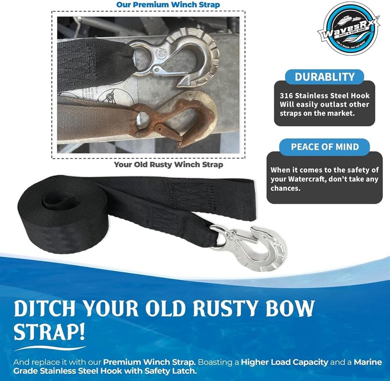 WAVESRX Boat & Jet Ski Trailer Winch Strap Replacement | Winch Hook Strap for Trailer | Marine Grade SS 316 Alloy Premium PWC and Boat Straps | Safely Launch, Retrieve, and Transport Your Watercraft - Image 3