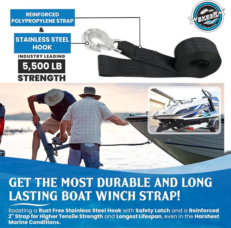 WAVESRX Boat & Jet Ski Trailer Winch Strap Replacement | Winch Hook Strap for Trailer | Marine Grade SS 316 Alloy Premium PWC and Boat Straps | Safely Launch, Retrieve, and Transport Your Watercraft - Image 4