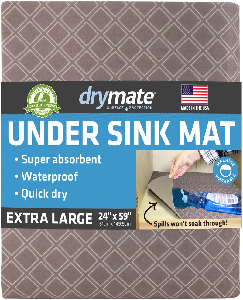 drymate حصيرة درايميت بريميوم XL تحت الحوض، حصائر حماية مقاومة للماء للخزائن في المطبخ والحمام، بطانات رفوف ماصة، مقاومة للانزلاق، غير لاصقة، قابلة للغسل في الغسالة (صنع في الولايات المتحدة)(24 بوصة × 59 بوصة)(بني فاتح) - Image 1