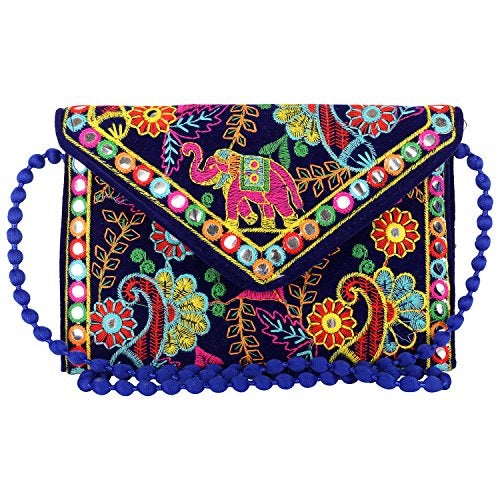 Craft Trade Women's Blue Velvet Embroidered Sling Bag (22x16 cm) | Ethnic Elephant & Floral Mirror Work Envelope Clutch with Beaded Strap | Traditional Rajasthani Wedding Handbag - Image 2