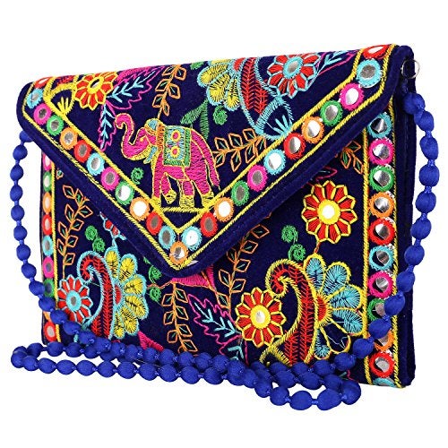 Craft Trade Women's Blue Velvet Embroidered Sling Bag (22x16 cm) | Ethnic Elephant & Floral Mirror Work Envelope Clutch with Beaded Strap | Traditional Rajasthani Wedding Handbag - Image 1