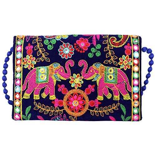 Craft Trade Women's Blue Velvet Embroidered Sling Bag (22x16 cm) | Ethnic Elephant & Floral Mirror Work Envelope Clutch with Beaded Strap | Traditional Rajasthani Wedding Handbag - Image 3