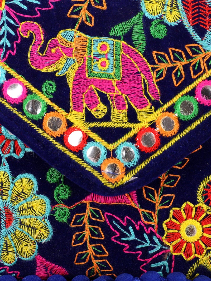 Craft Trade Women's Blue Velvet Embroidered Sling Bag (22x16 cm) | Ethnic Elephant & Floral Mirror Work Envelope Clutch with Beaded Strap | Traditional Rajasthani Wedding Handbag - Image 5
