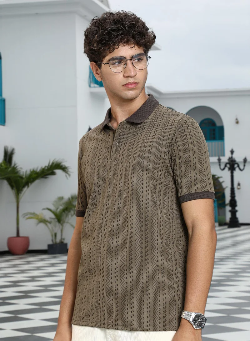 Campus Sutra Campus Sutra Men's Olive Green Geometric-Folk Knitted Polo T-Shirt | Jacquard Polo Neck , Short Jacquard Cuff Sleeves , Button Closure , Straight Hem | Polyester Blend T-shirt For Casual Wear